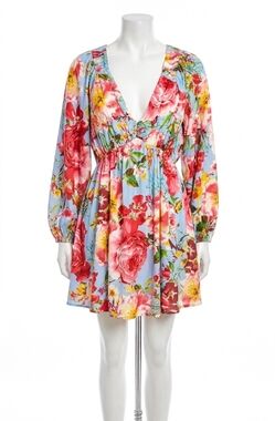 NEW STRUT & BOLT v-neck back tie closure mini dress in pink/ blue